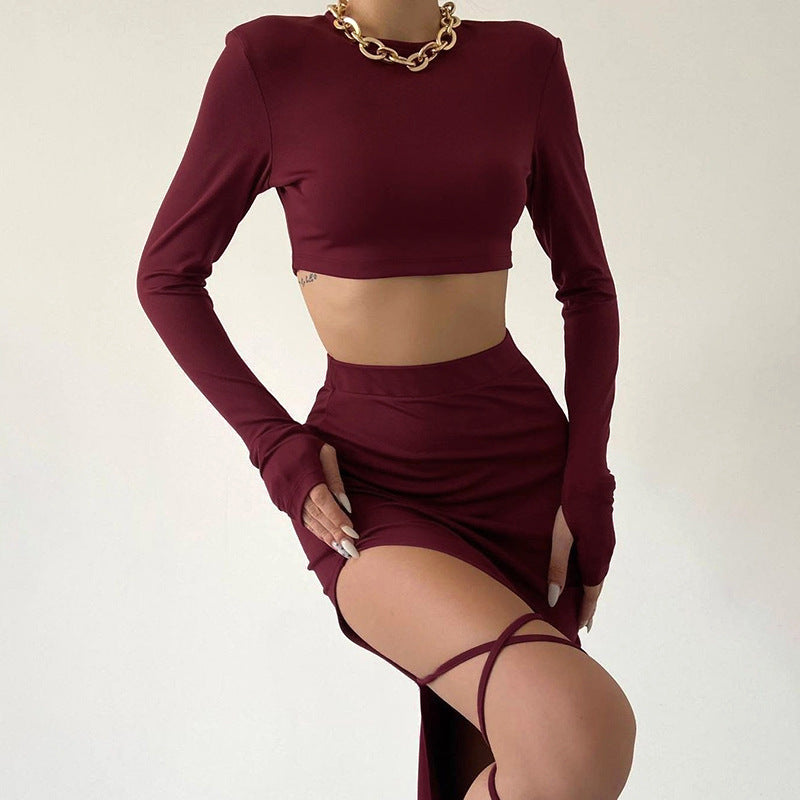 Solid Color Long Sleeve Round Neck Top Slim Fit Tie Skirt Set