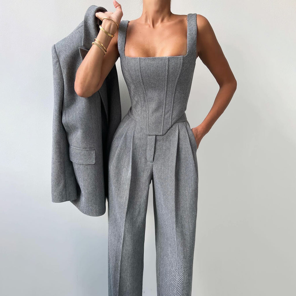 Solid color waisted fishbone straight shoulder suit three-piece suit simple and versatile commuting high waist trousers