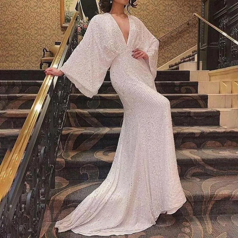 V-neck floor-length long-sleeved sequined fishtail banquet elegant long dress