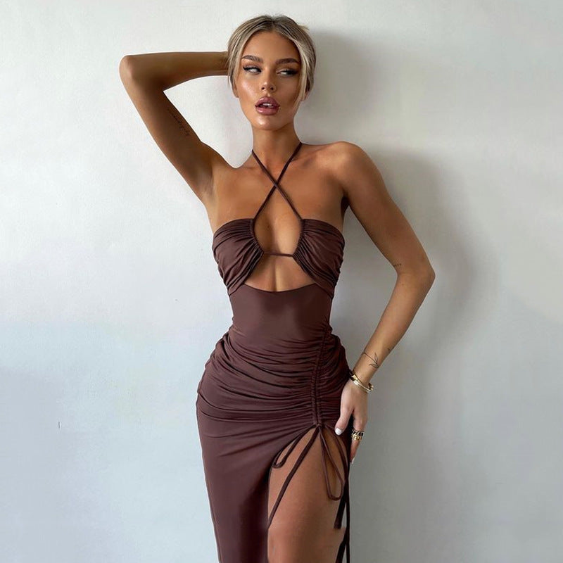 High-slit wrinkled halter neck maxi dress