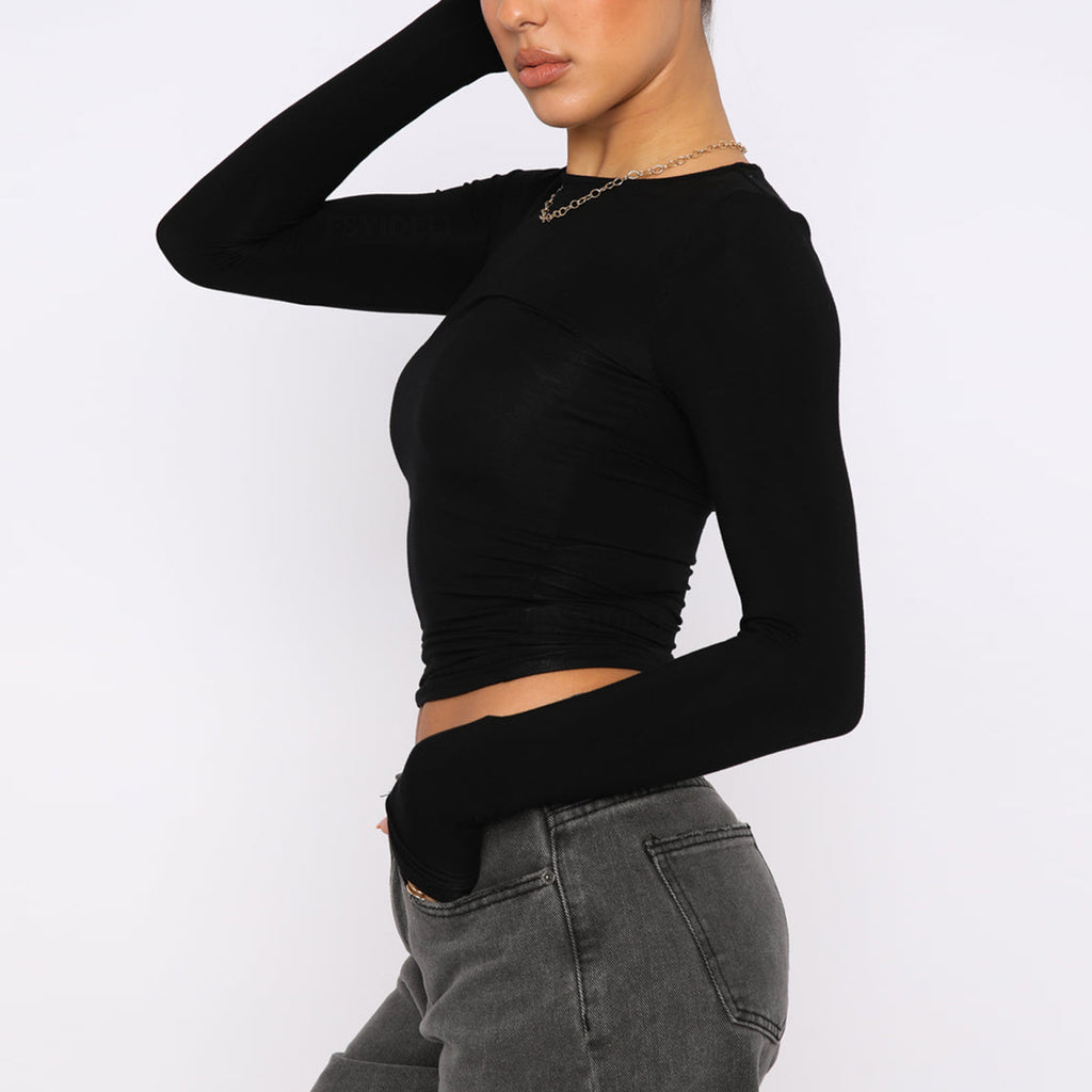 Solid color bottoming round neck slim fit long sleeve top T-shirt