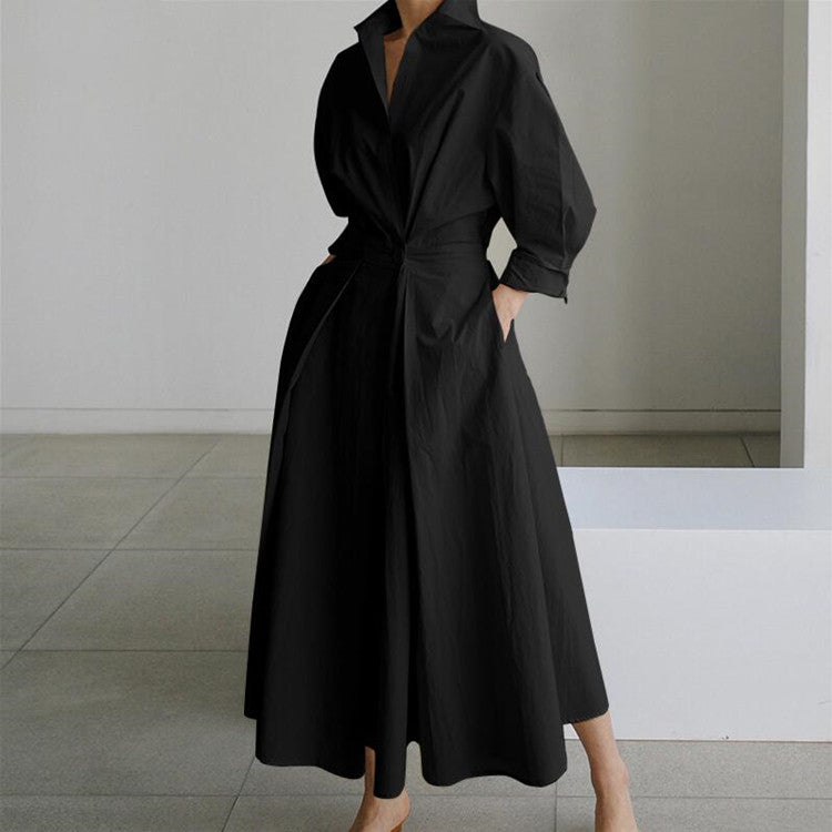 Commuter cotton and linen solid color lapel/POLO collar shirt sleeves elastic waist wide swing dress