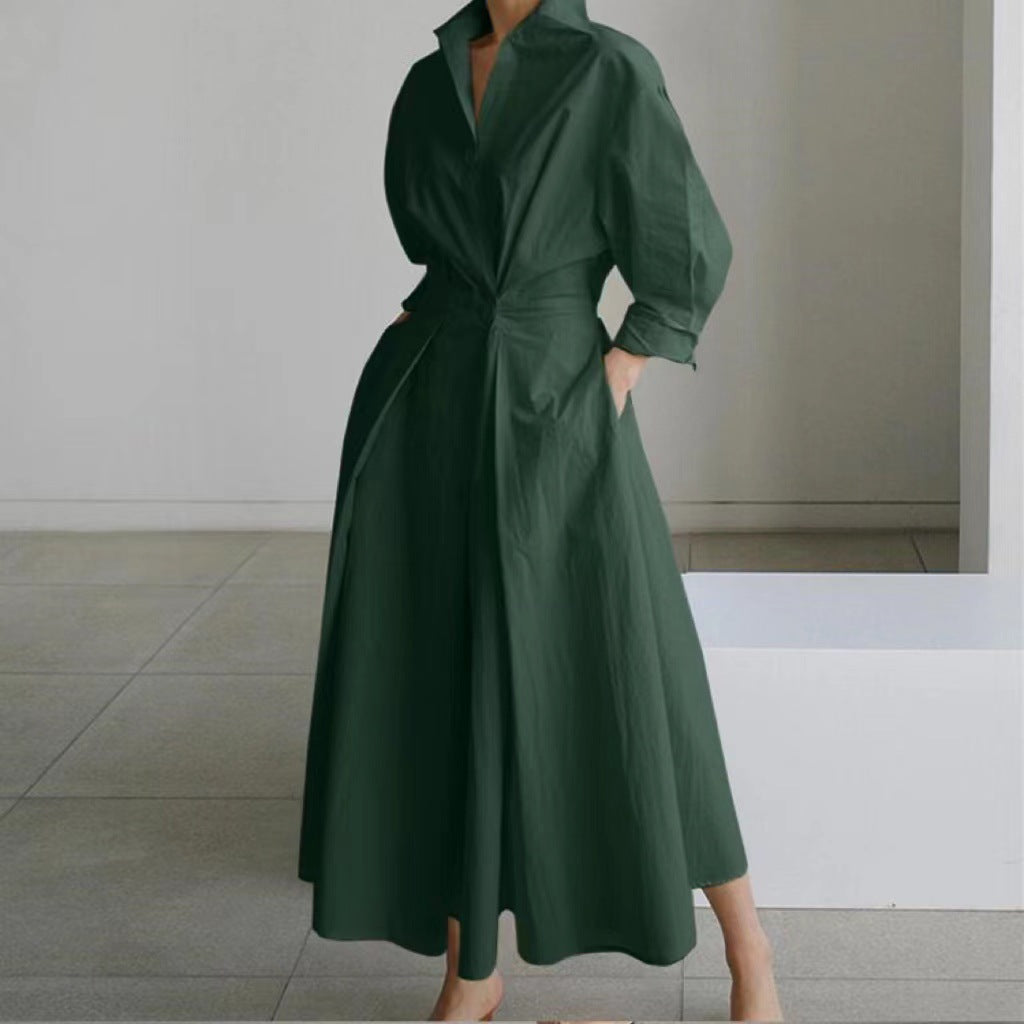 Commuter cotton and linen solid color lapel/POLO collar shirt sleeves elastic waist wide swing dress