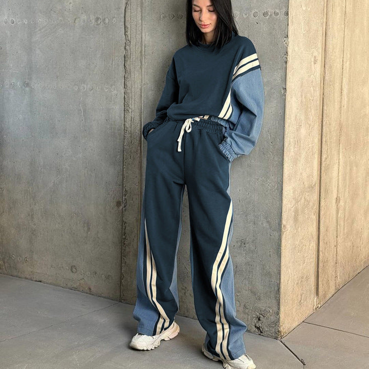 Sporty style contrast color striped sweatshirt pullover top drawstring trousers two-piece set