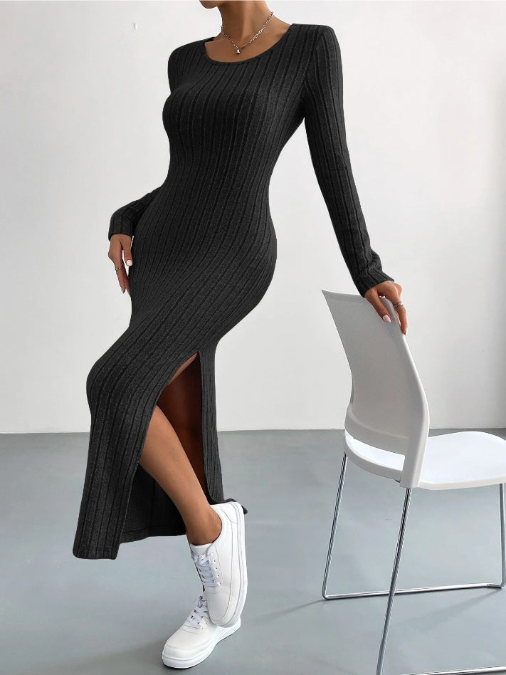 Long Sleeve Round Neck Slit Knit Long Dress