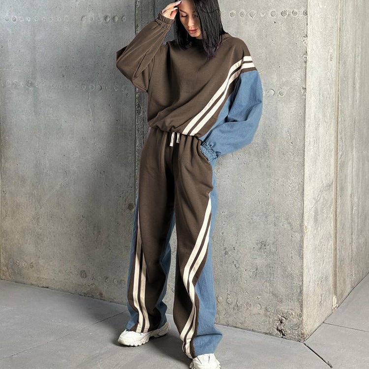 Sporty style contrast color striped sweatshirt pullover top drawstring trousers two-piece set