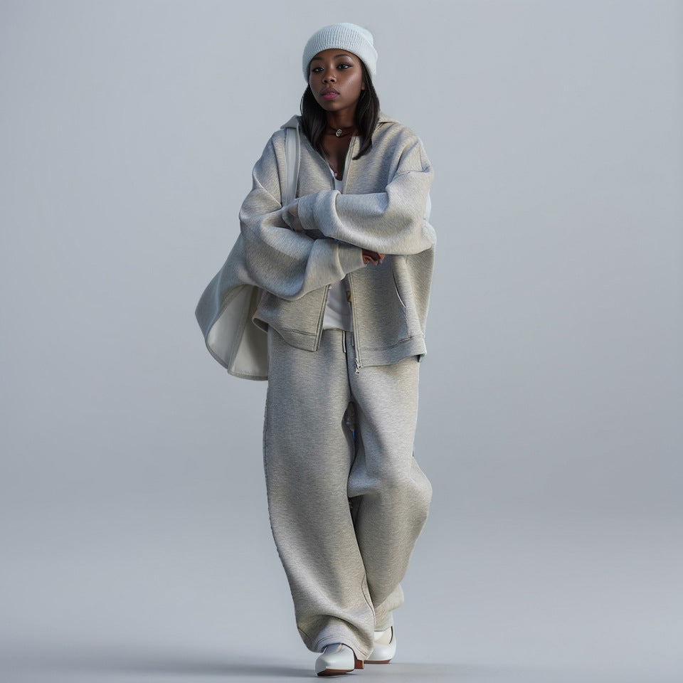Profile air layer hooded sweatshirt pants casual zipper jacket + drawstring wide leg pants two-piece set
