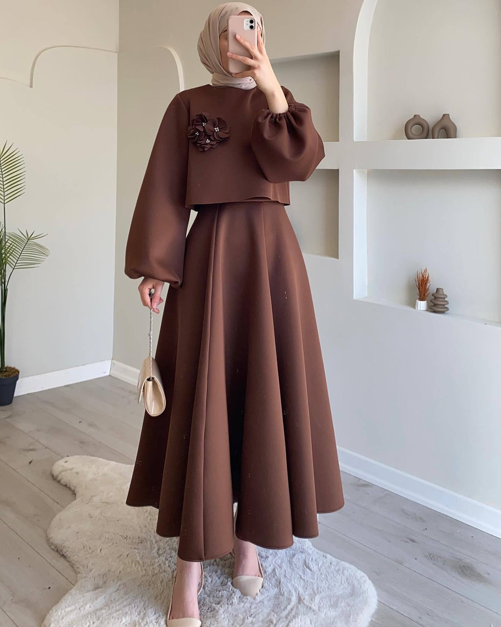 Flower Lantern Sleeve Loose Dress Women's Skirt Suit Two-piece Set