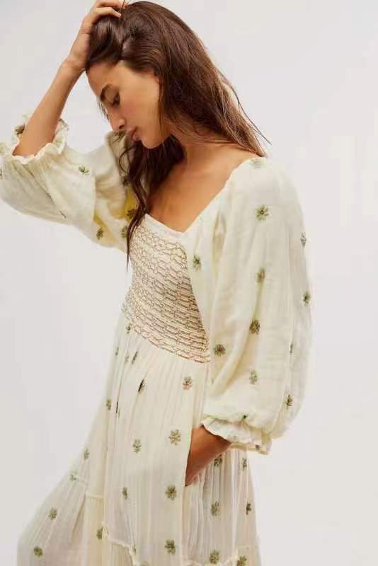 Trumpet sleeve embroidered square neck sunflower swing dress