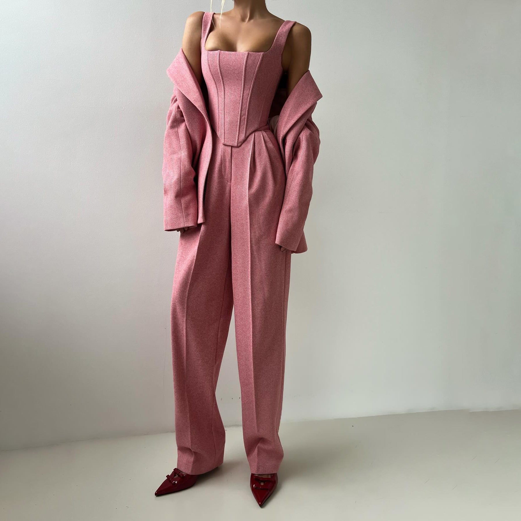 Solid color waisted fishbone straight shoulder suit three-piece suit simple and versatile commuting high waist trousers