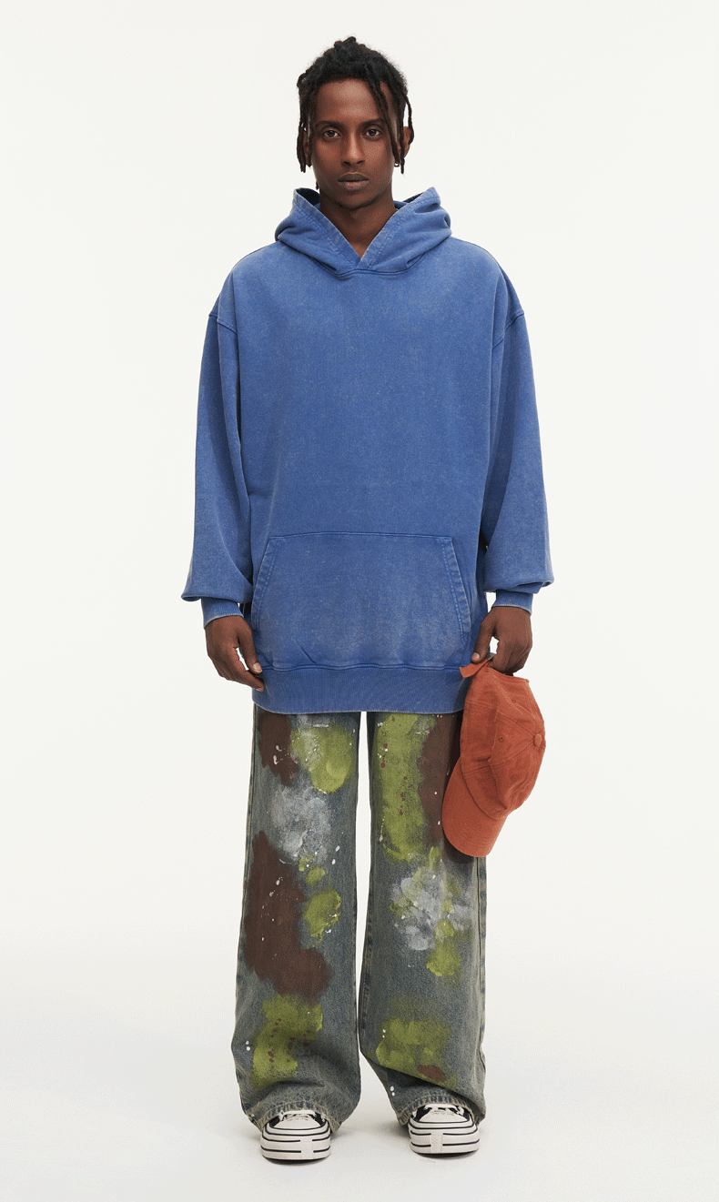 Washed and distressed hooded sweatshirt pure cotton batik retro street all-match hoodie