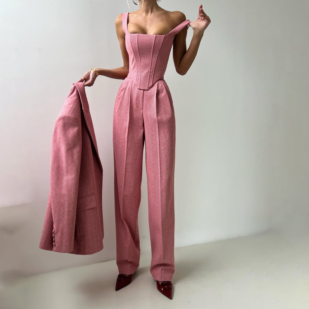 Solid color waisted fishbone straight shoulder suit three-piece suit simple and versatile commuting high waist trousers