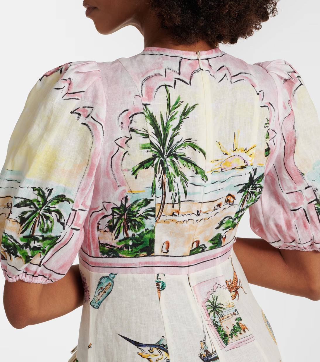 Printed puff sleeves elegant slim-fitting swing dress