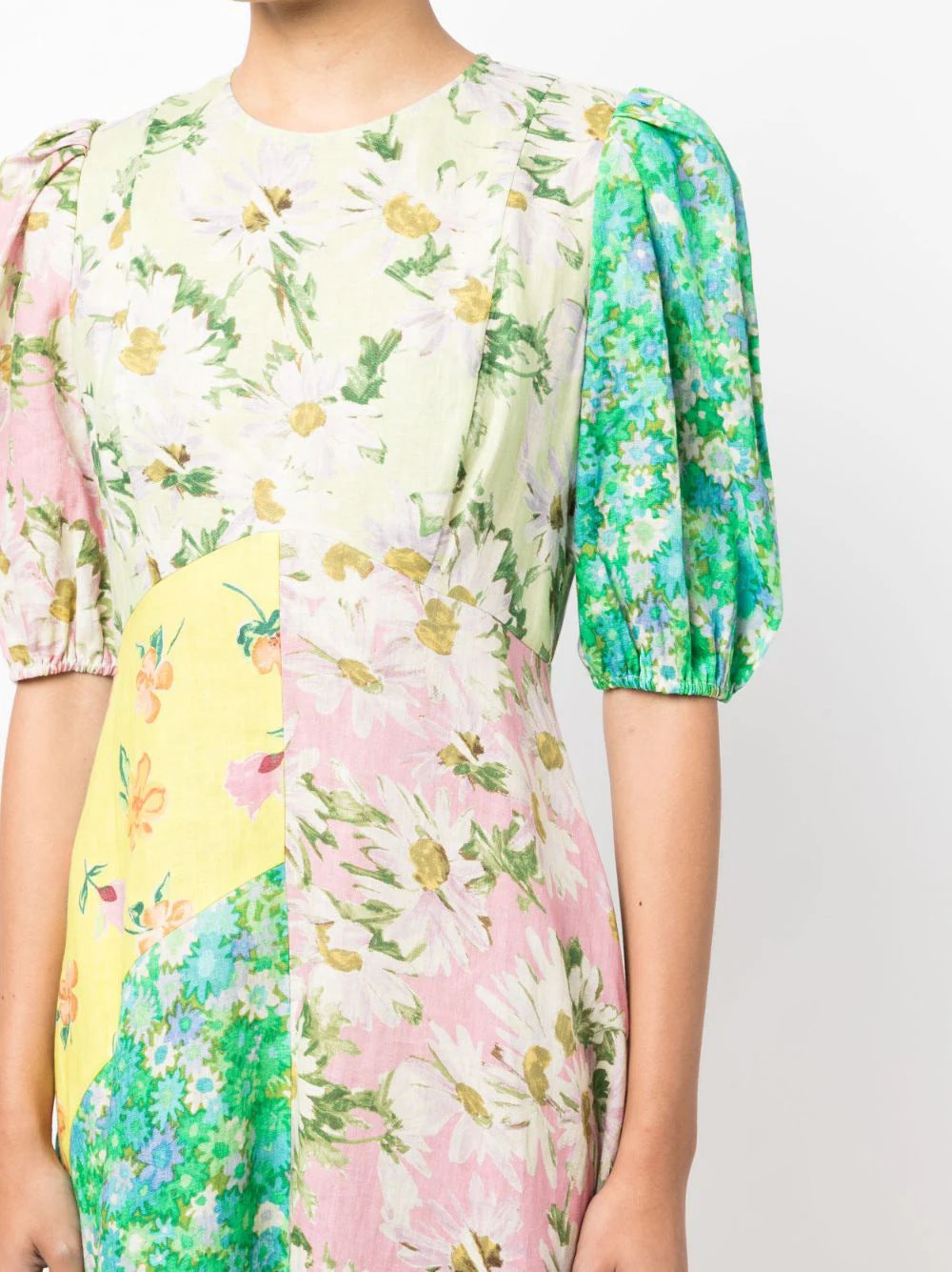 Printed puff sleeves elegant slim-fitting swing dress