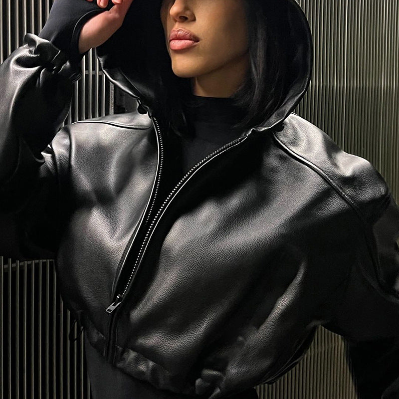 Solid color PU leather hooded long sleeve pleated short zipper loose street cardigan jacket