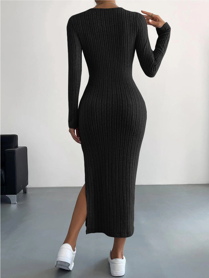 Long Sleeve Round Neck Slit Knit Long Dress