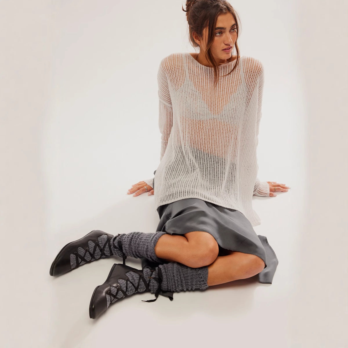 Solid Color Long Sleeve Knitted Holiday Bikini Beach Cover Up