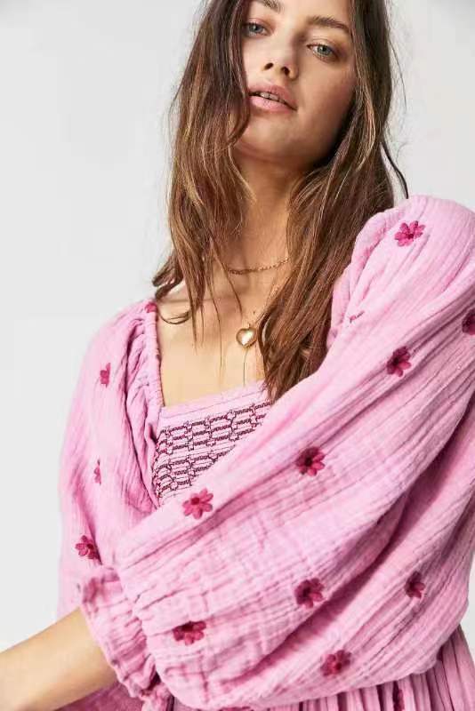 Trumpet sleeve embroidered square neck sunflower swing dress