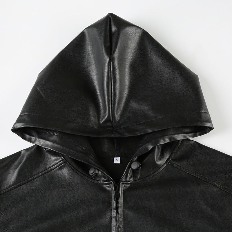 Solid color PU leather hooded long sleeve pleated short zipper loose street cardigan jacket