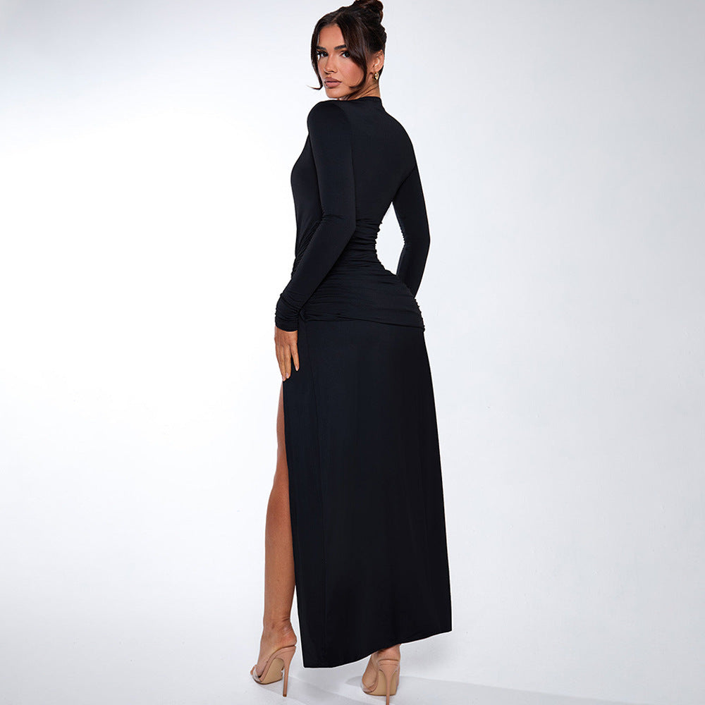 Long Sleeve Gathered Deep V Neck Maxi Dress Sexy High Slit Fitted Dress