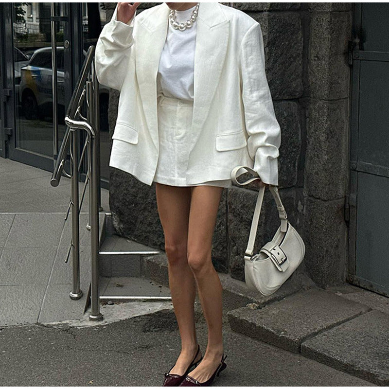 Solid color with large lapel and gathered sleeves suit jacket