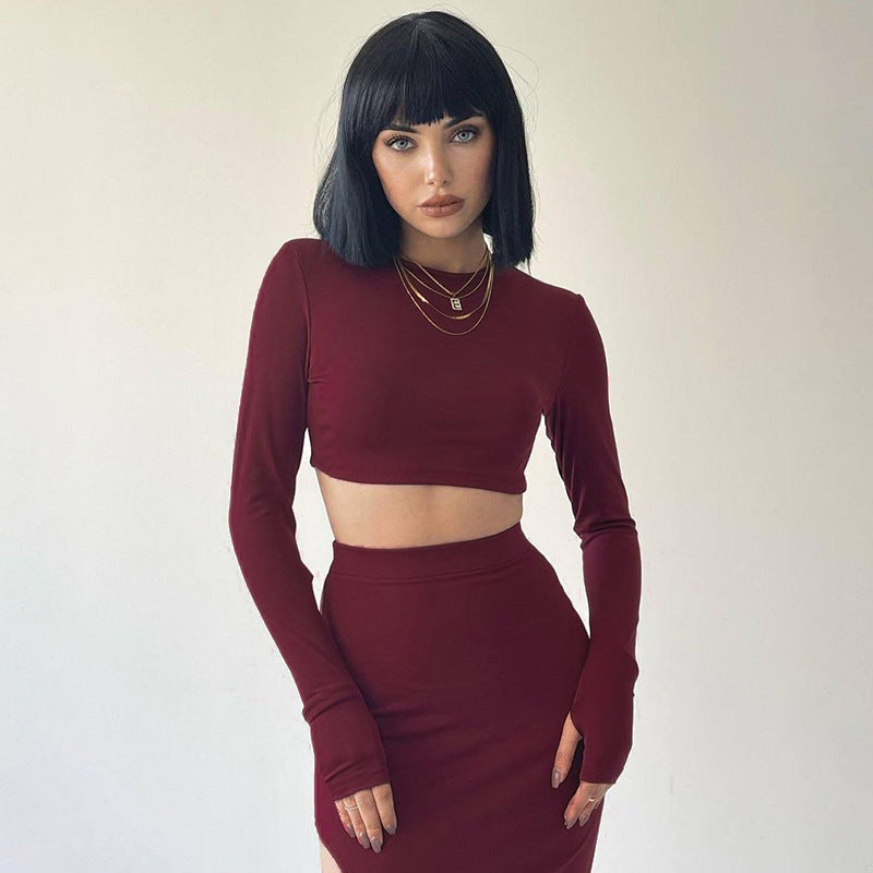 Solid Color Long Sleeve Round Neck Top Slim Fit Tie Skirt Set