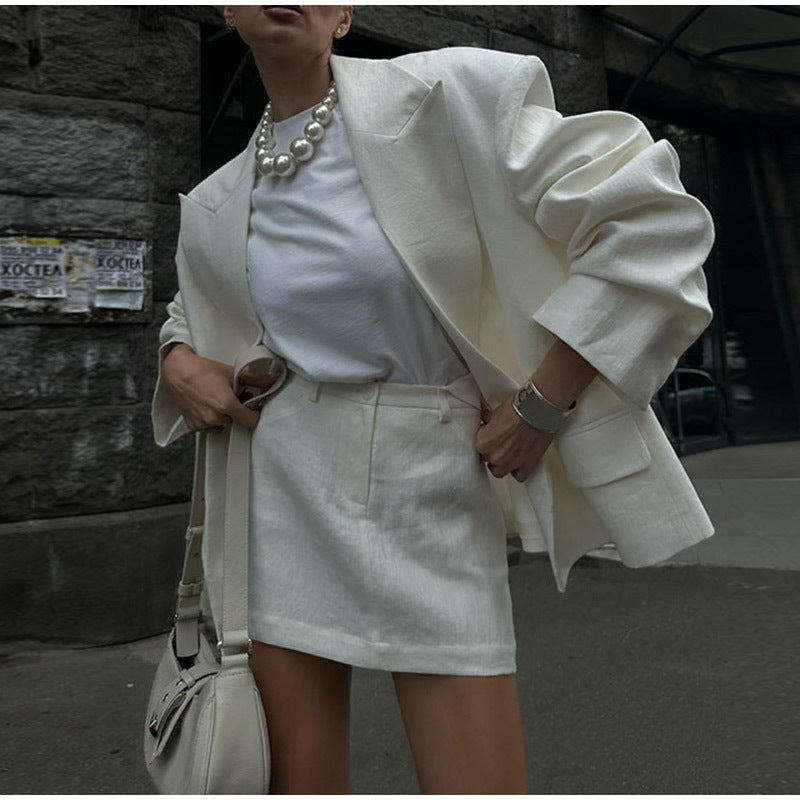 Solid color with large lapel and gathered sleeves suit jacket