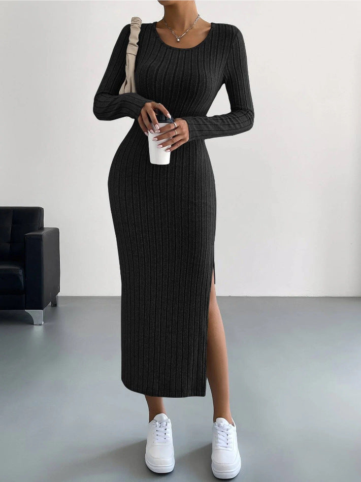 Long Sleeve Round Neck Slit Knit Long Dress
