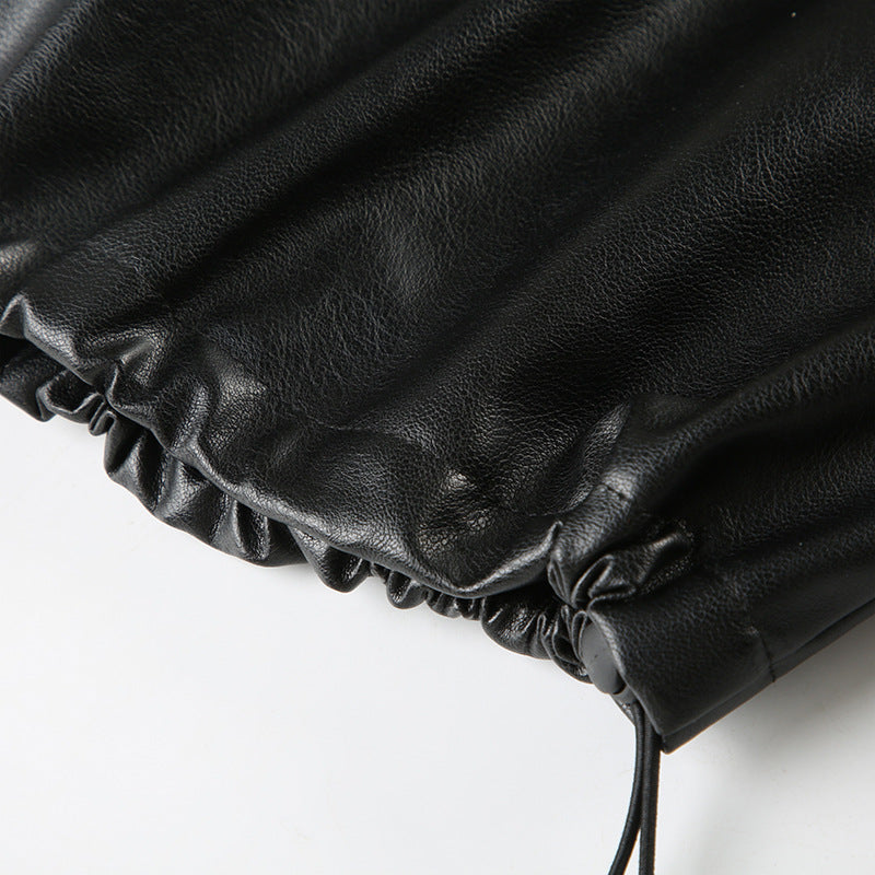 Solid color PU leather hooded long sleeve pleated short zipper loose street cardigan jacket