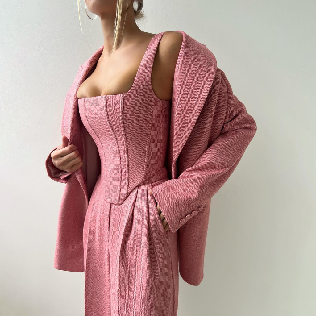 Solid color waisted fishbone straight shoulder suit three-piece suit simple and versatile commuting high waist trousers
