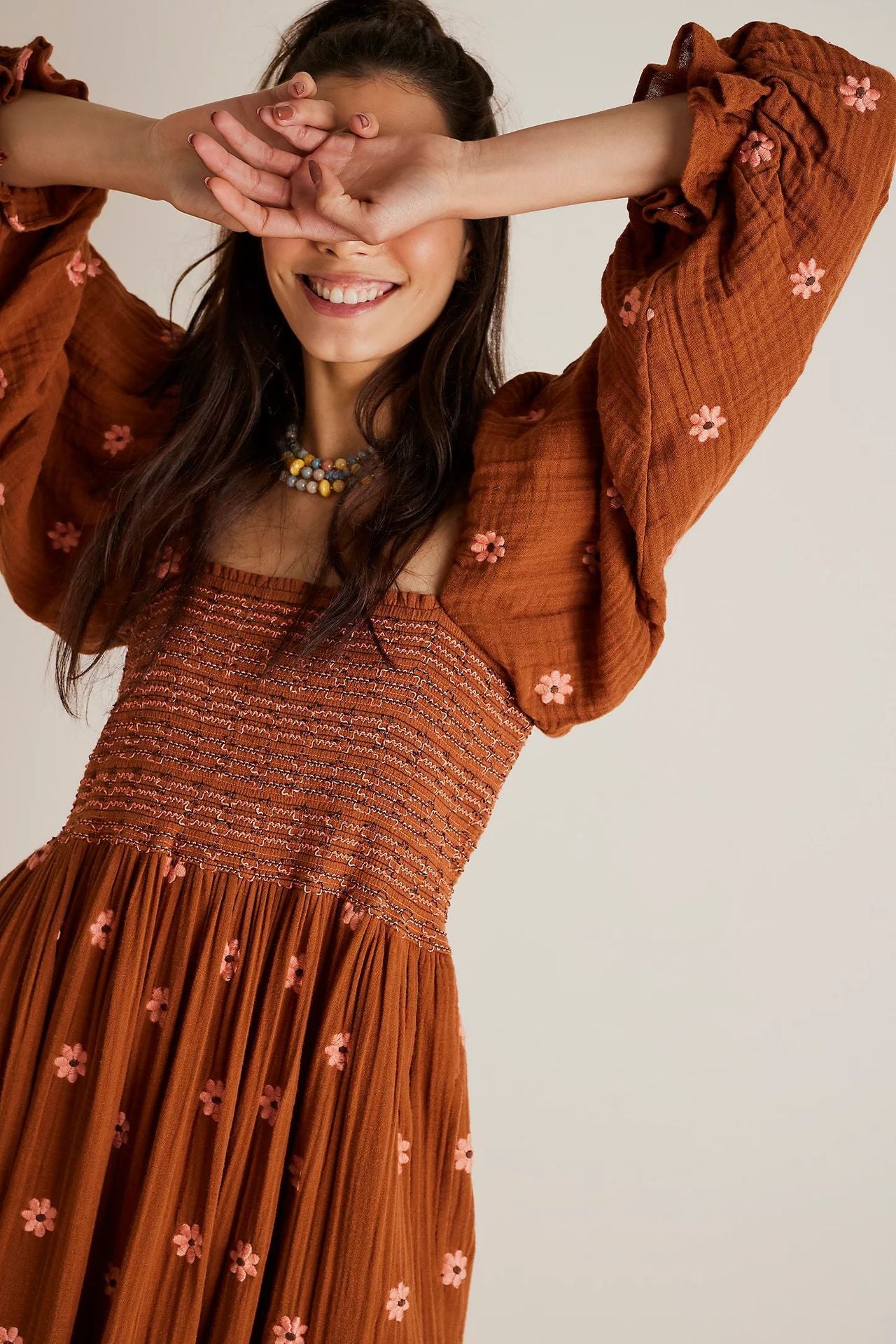 Trumpet sleeve embroidered square neck sunflower swing dress