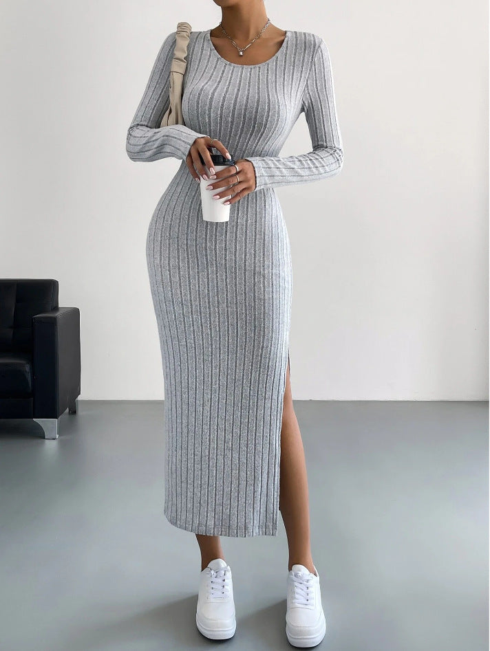 Long Sleeve Round Neck Slit Knit Long Dress