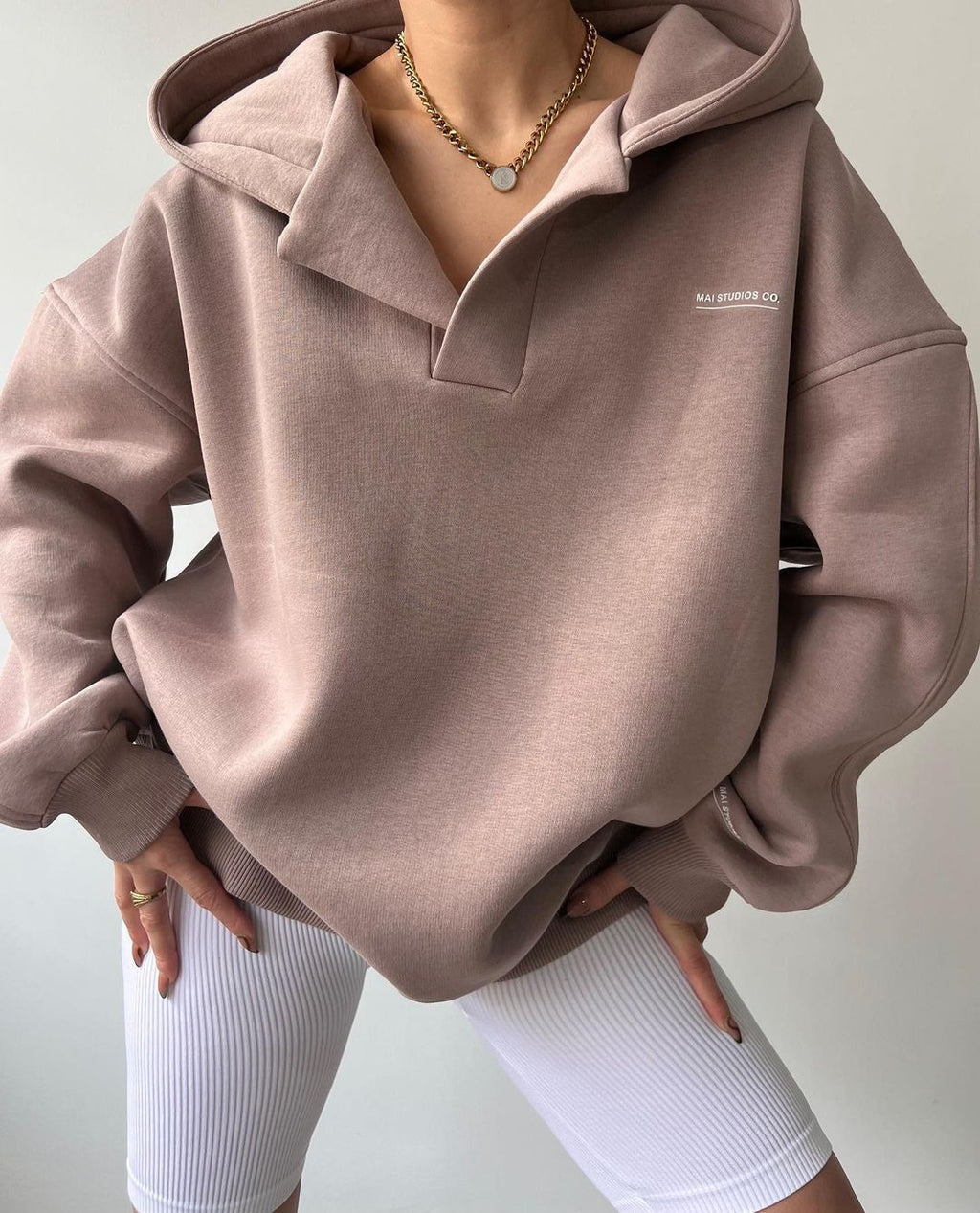 Plush hooded long-sleeved basic all-match sweatshirt V-neck sweater