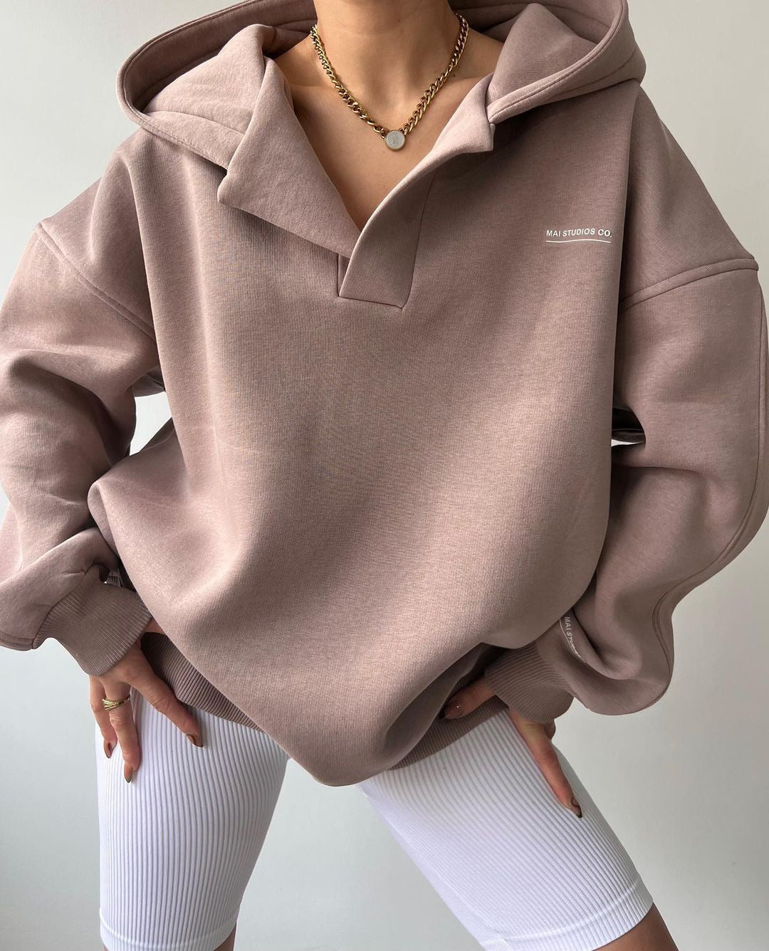 Plush hooded long-sleeved basic all-match sweatshirt V-neck sweater