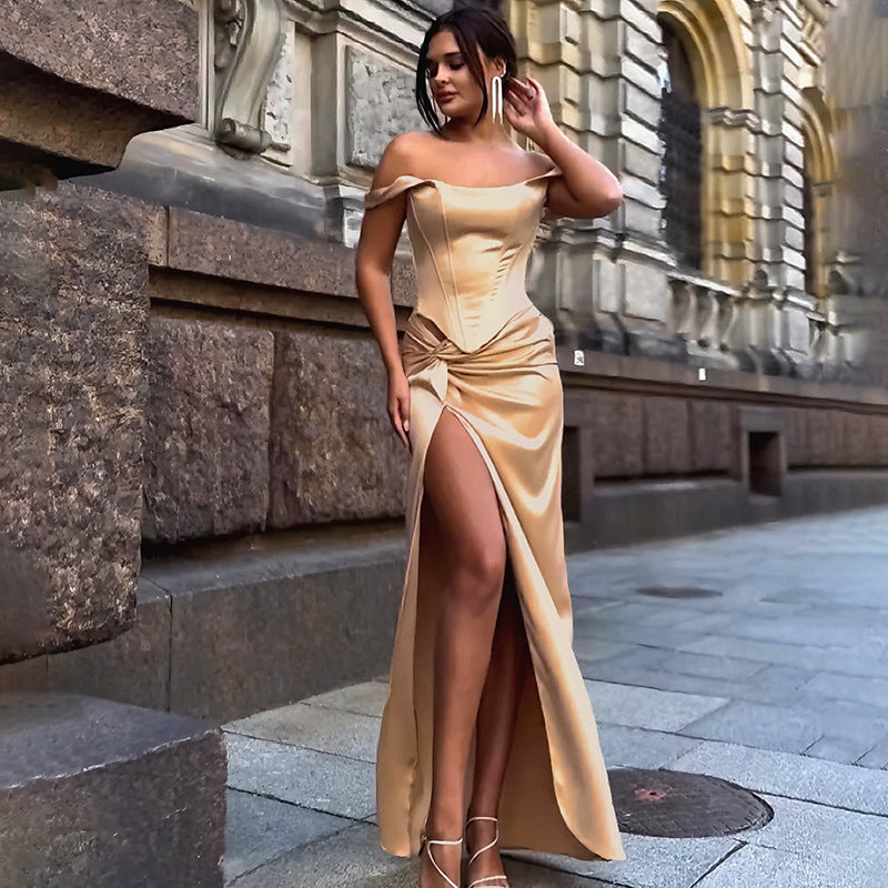 Celebrity style temperament waist twist slit satin long dress