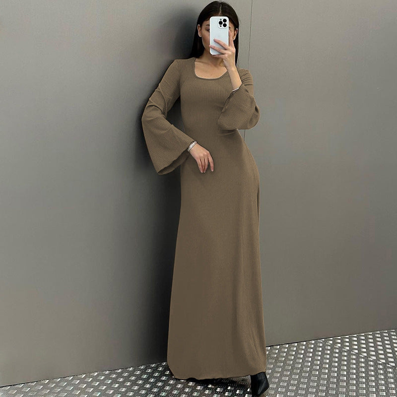 Arabic Loose U-neck Back Tie Long Sleeve Dress