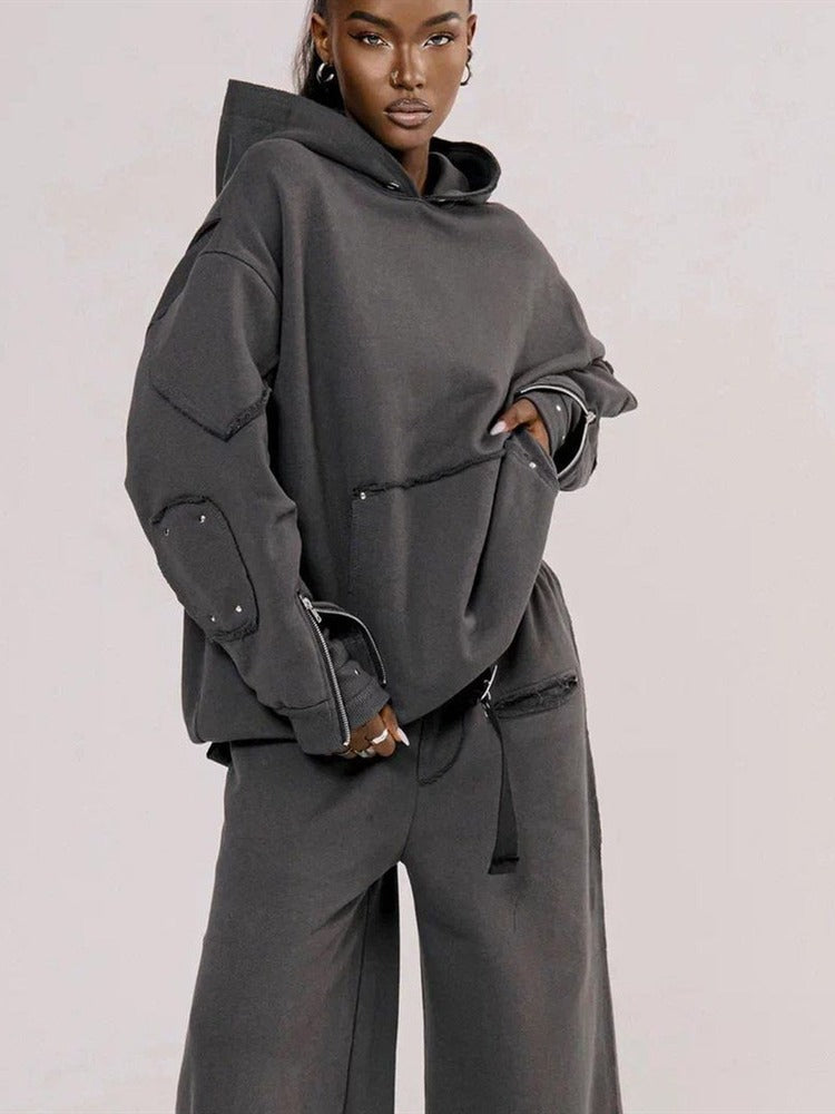 Sporty style zipper hooded sweatshirt suit straight wide-leg pants two-piece suit
