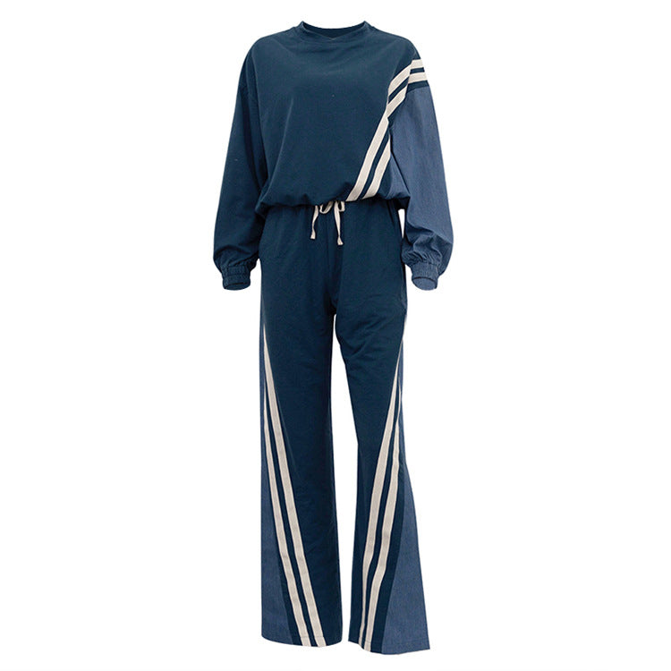 Sporty style contrast color striped sweatshirt pullover top drawstring trousers two-piece set