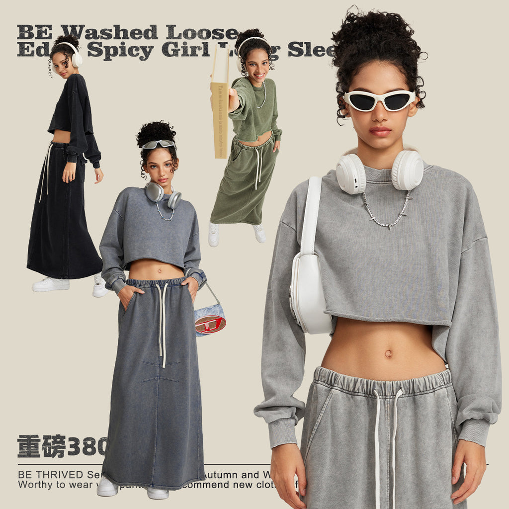 Washed hem short hot girl long sleeve T-shirt retro street top