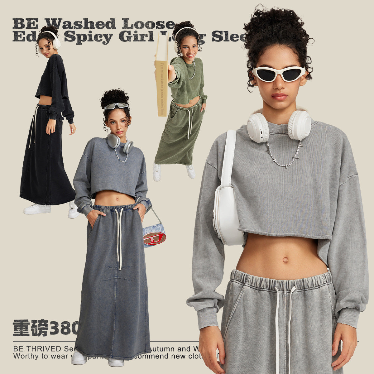 Washed hem short hot girl long sleeve T-shirt retro street top