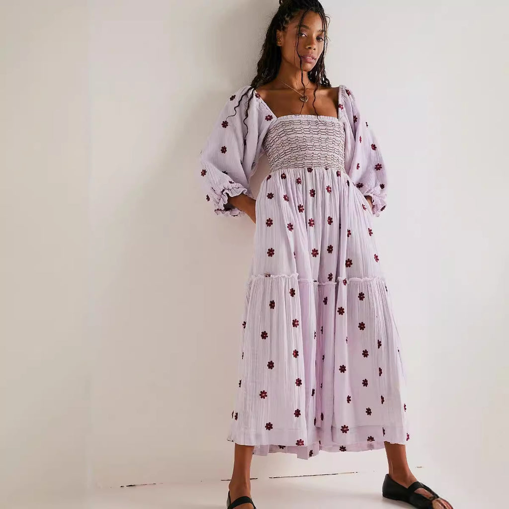 Trumpet sleeve embroidered square neck sunflower swing dress
