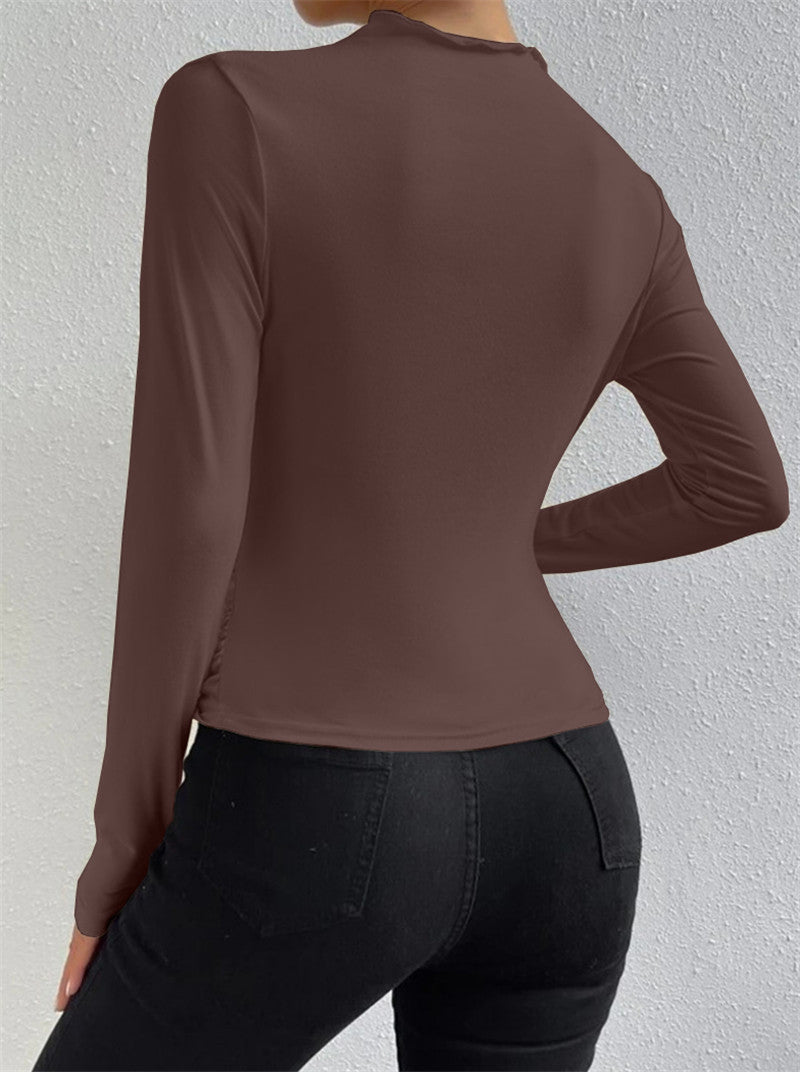 Solid color slim bottoming shirt versatile pleated long-sleeved T-shirt ladies tops