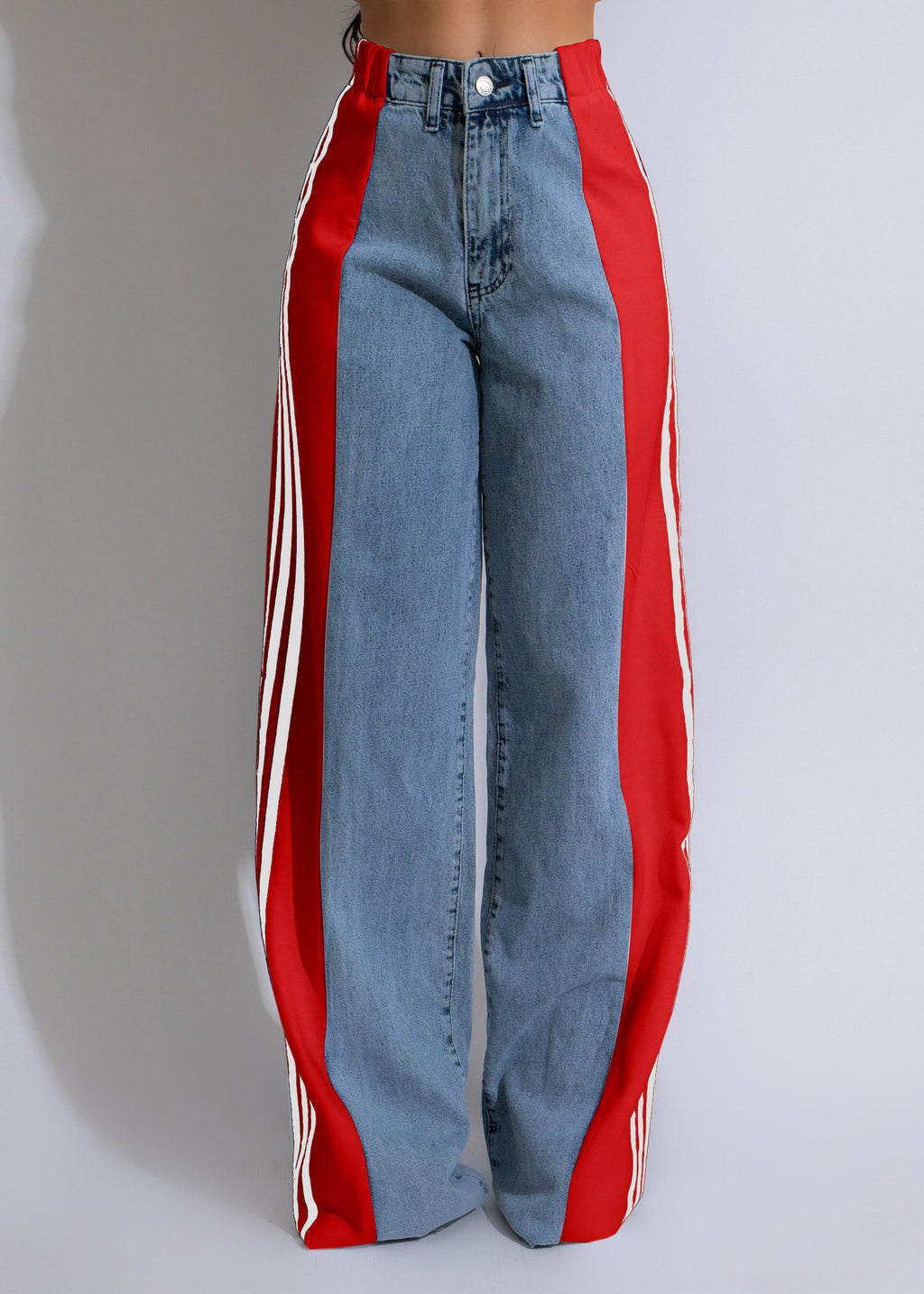 Three-striped wide-leg denim trousers Casual high-waist stretch straight trousers