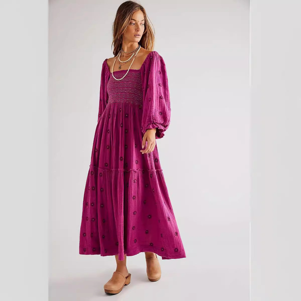 Trumpet sleeve embroidered square neck sunflower swing dress