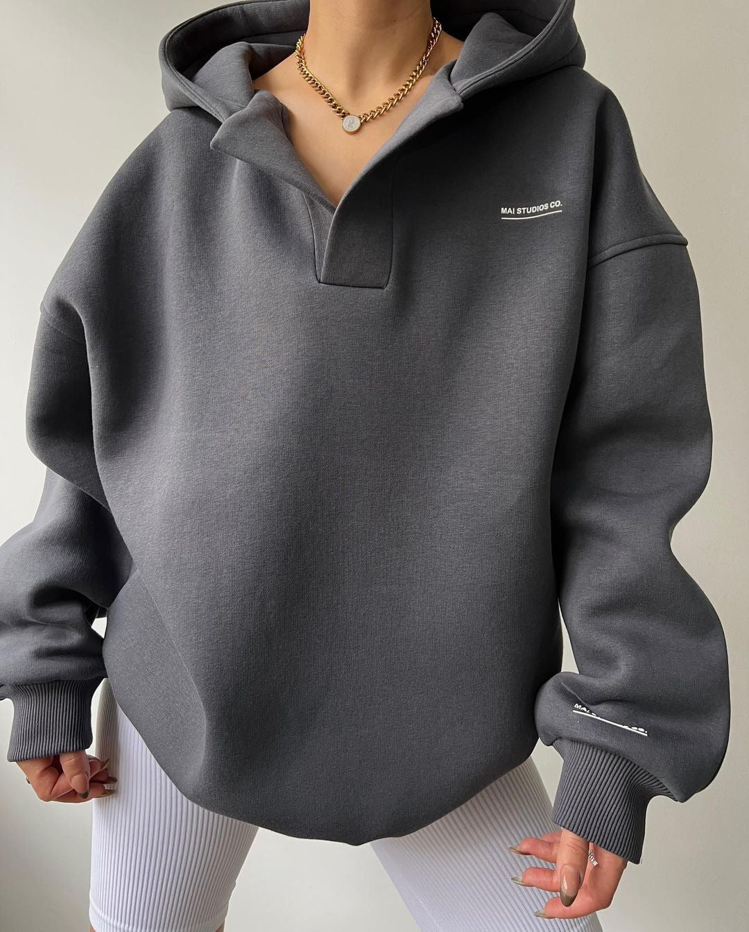 Plush hooded long-sleeved basic all-match sweatshirt V-neck sweater