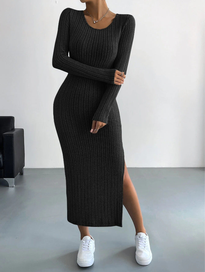 Long Sleeve Round Neck Slit Knit Long Dress