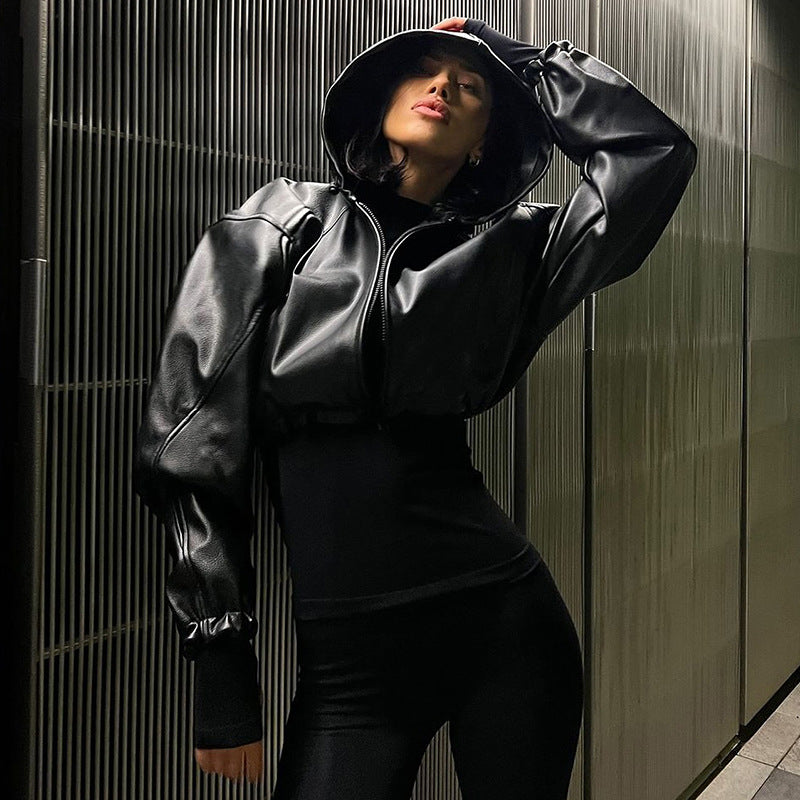 Solid color PU leather hooded long sleeve pleated short zipper loose street cardigan jacket