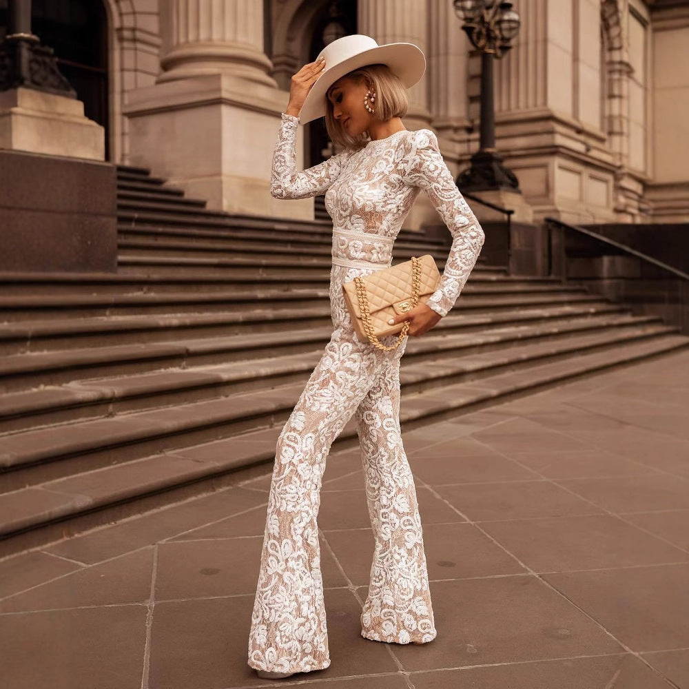 Composite lace slim-fit jumpsuit