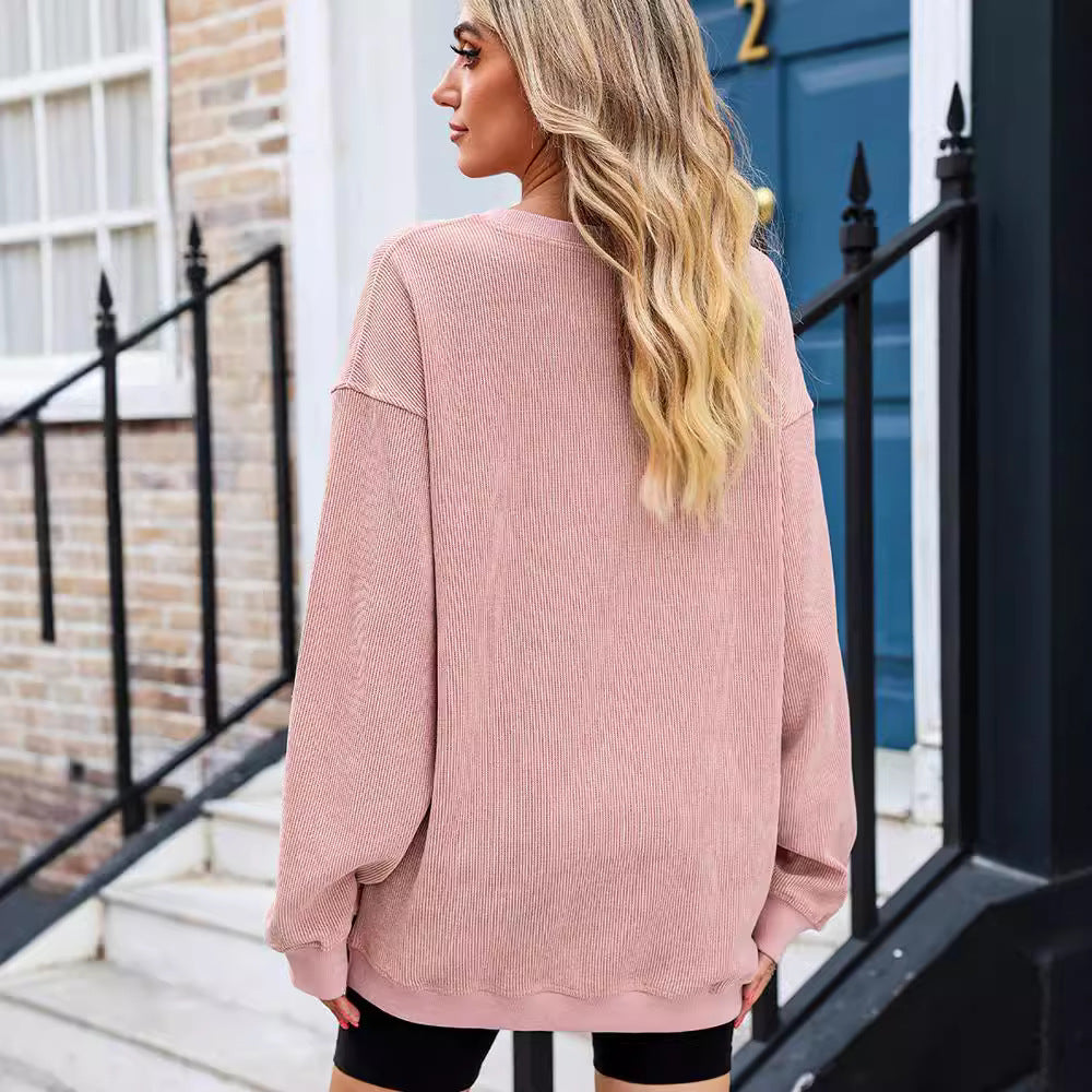 Women's ribbed knitted long sleeve loose sweatshirt