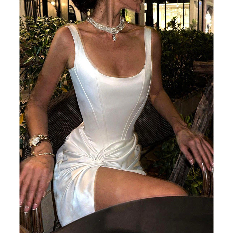 Celebrity style temperament waist twist slit satin long dress